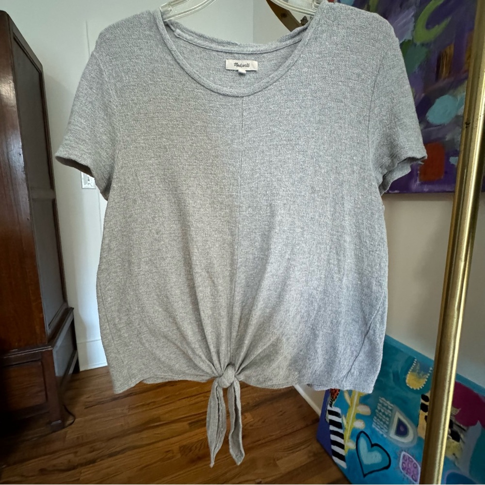 Madewell Womens Gray Tie- Front Short Sleeve Top Size Large 100% Cotton